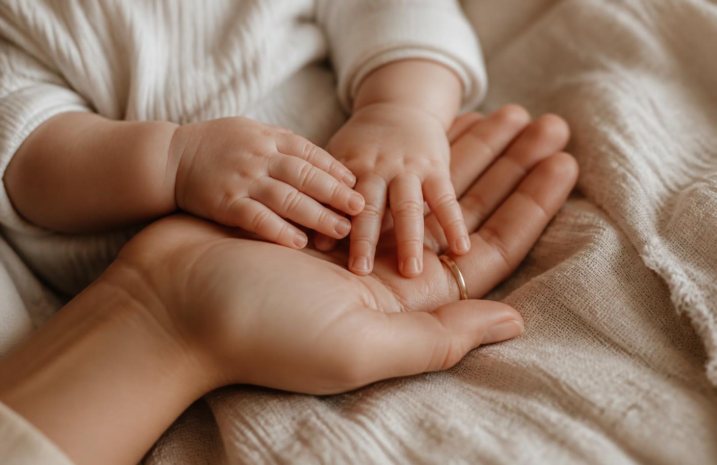 A newborn baby's hands resting gently on a parent's hands over soft linen
