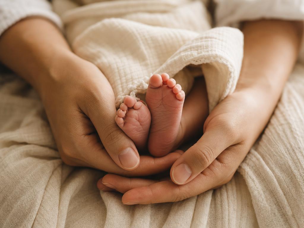 A parent gently holding a newborn's tiny feet