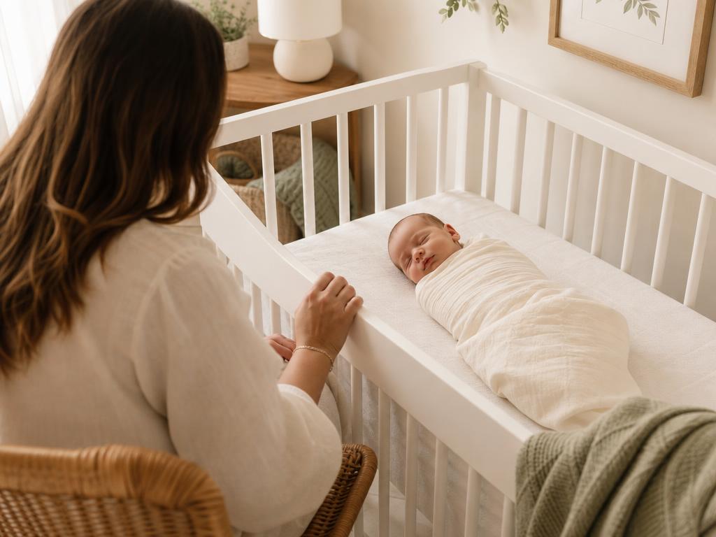 A sleeping baby in a crib with a parent sitting nearby